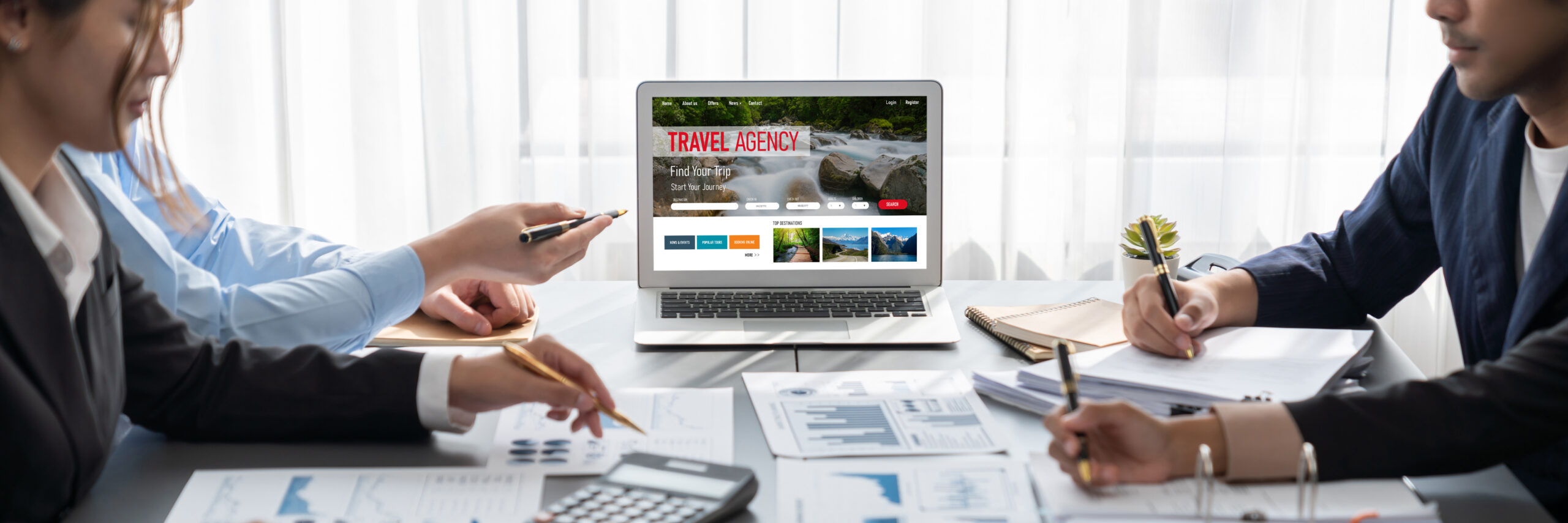 Business intelligence and data analysis concept. Analyst team working on financial data analysis dashboard on laptop screen as marketing indication for effective business strategic planning. Insight